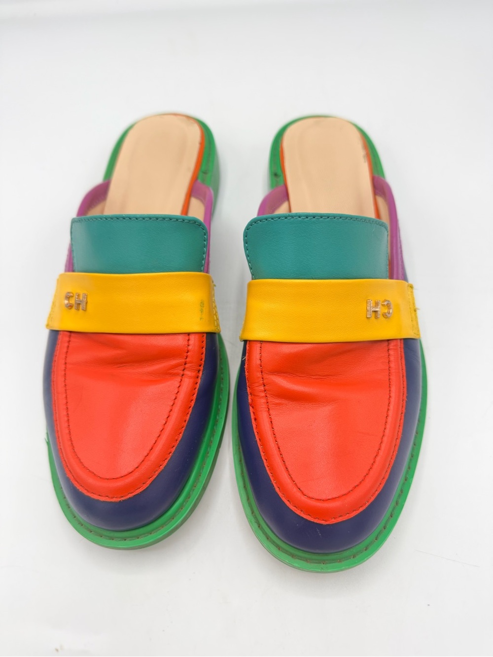 Sansa Costa Colorblock Leather Slip-On Mules in Red, Purple & Green - Picture 2 of 7